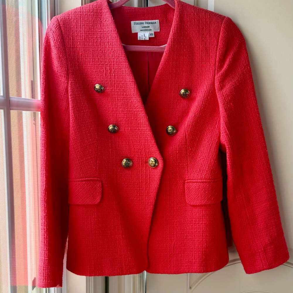 Helene Berman  V Neck Tweed Coral Double-Breasted Blazer